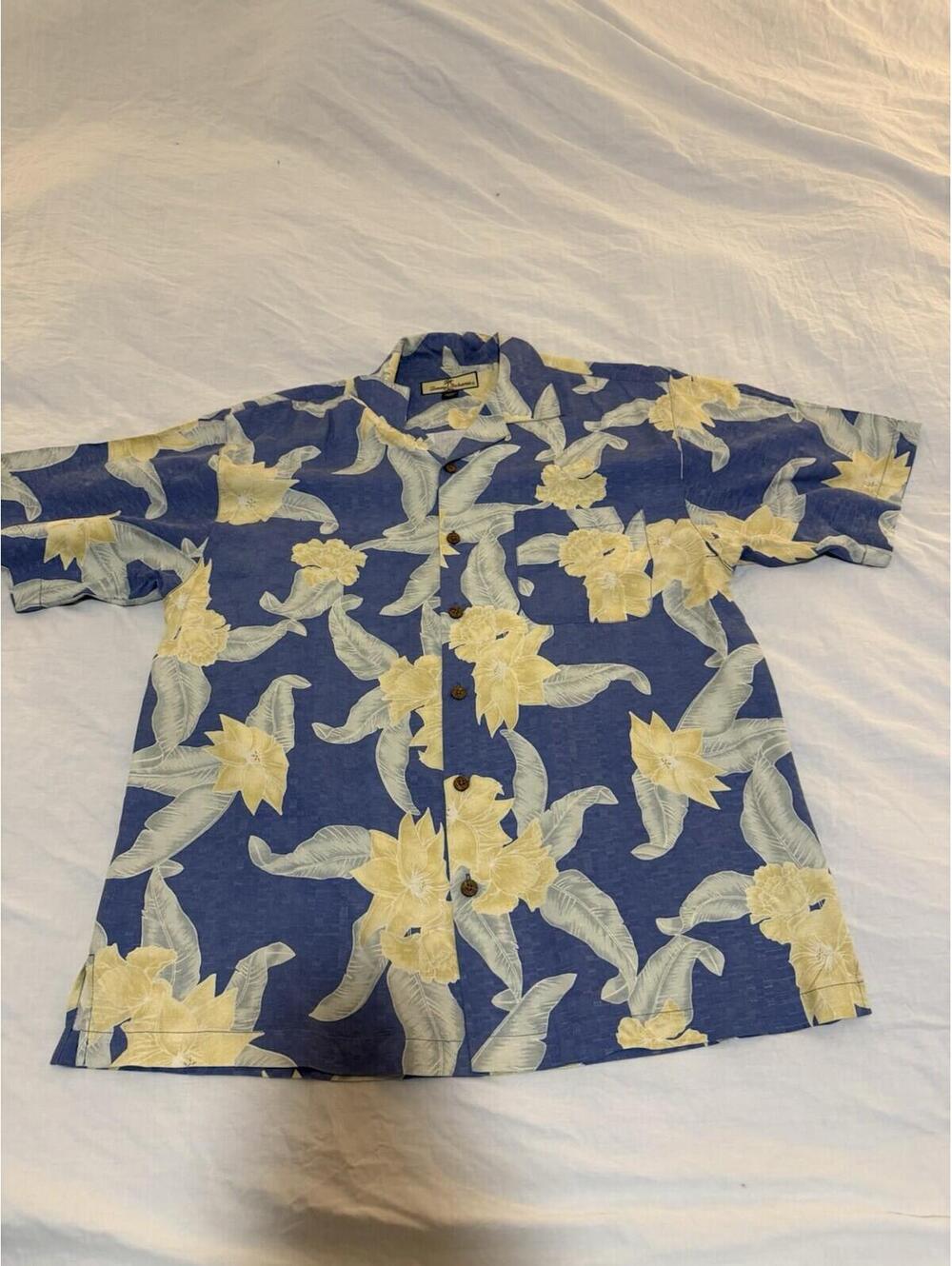 Tommy Bahama Silk Hawaiian Shirt Blue Yellow Floral Short Sleeve Mens Medium 199